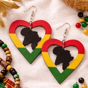 Wood Heart Drop Earrings with Africa Silhouette - Red, Yellow & Green